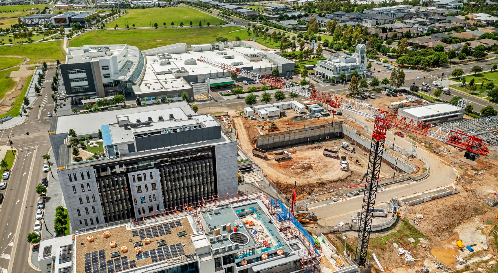 Land development buildings with a crane