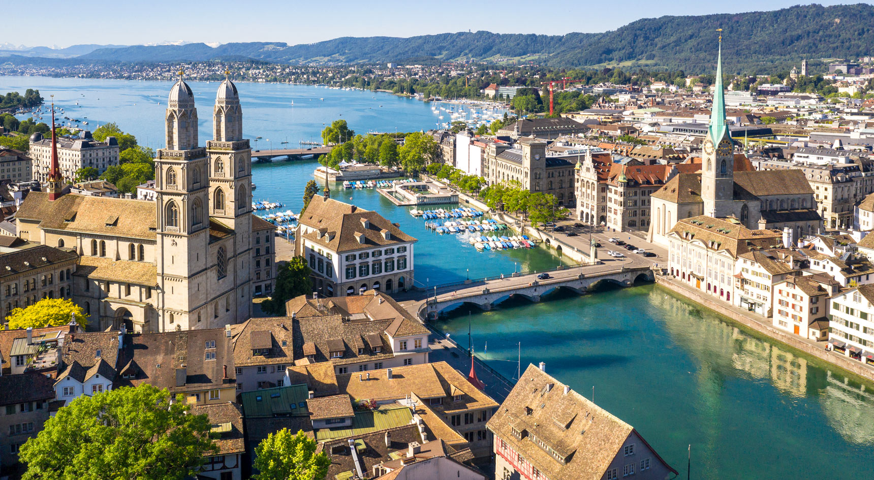 Zurich Old Town from the sky with old bricked buildings