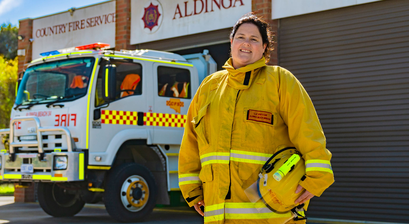 CFS volunteer Liz Pryor in front of Aldinga CFS station.