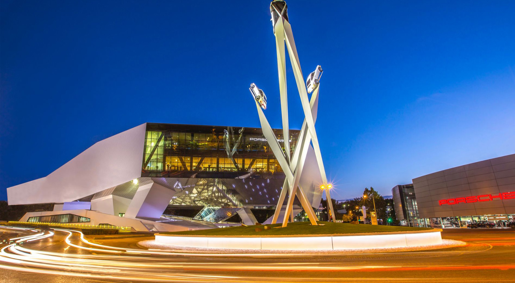 A photo of the Porsche museum in Stuttgart.